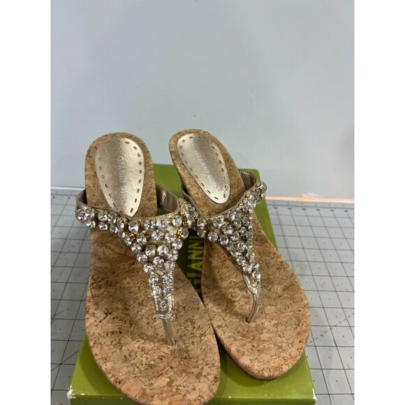 Gianni Bini Sand Gold Cork Wedge Sandals Rhinestone Details Size Women’s Sz. 8 - Picture 2 of 7